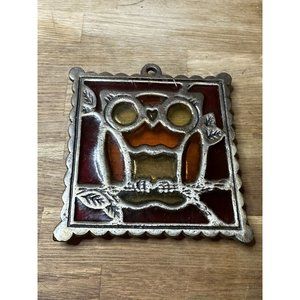 Counterpoint Owl Trivet Pot Holder Orange  Red Resin Stained Glass Wall Plaque